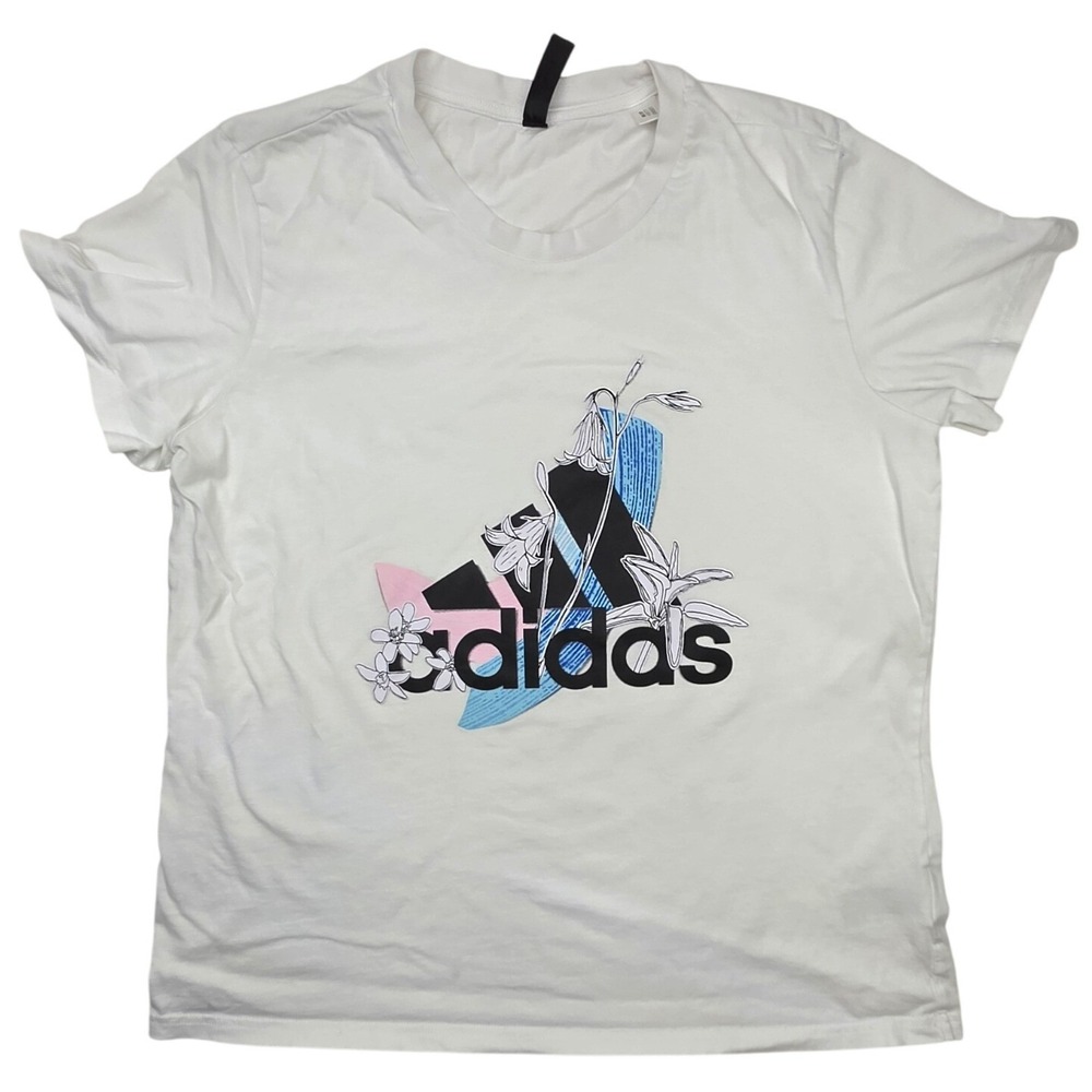 Adidas Womens Floral Graphic Logo T-Shirt White Short Sleeve XL H13771